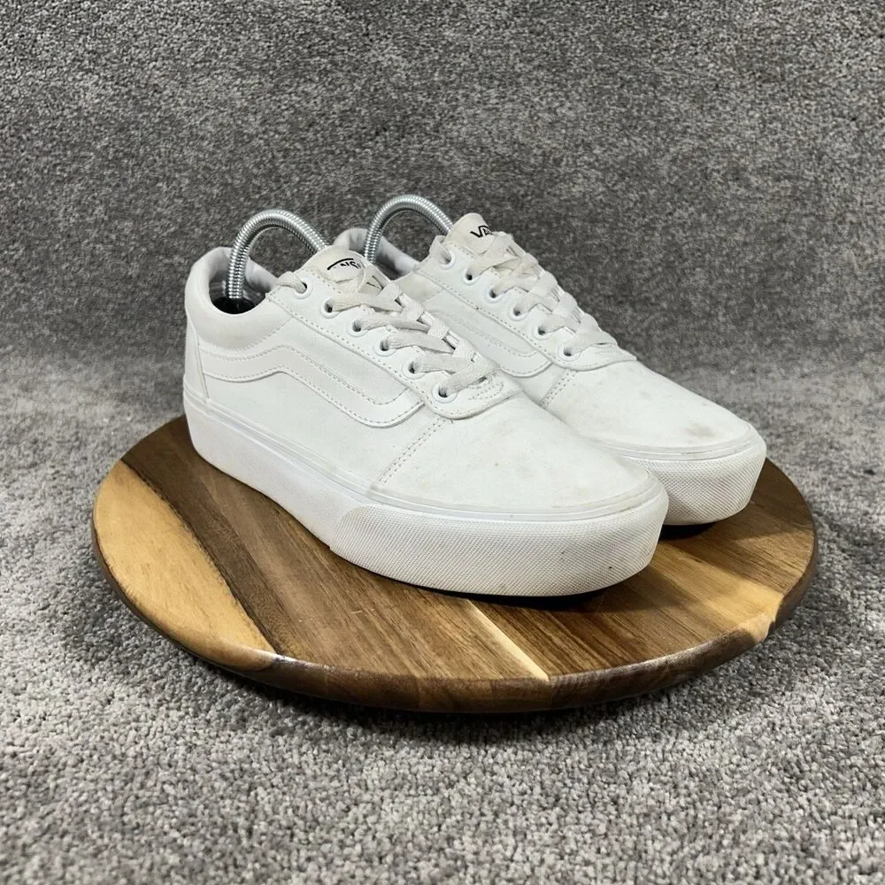 VANS Ward Platform Women's Sz 9 White Canvas Athletic Skate Platform Shoes Used